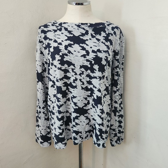 LOFT Tops - Loft Navy Blue Gray Textured Jacquard Long Sleeve Boat Neck Top Large